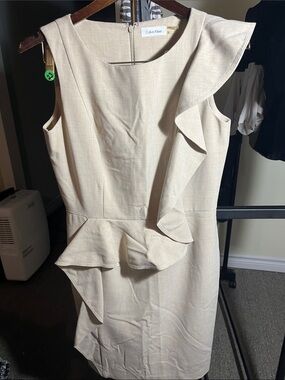 Calvin Klein Beige Ruffle Midi Sheath Dress